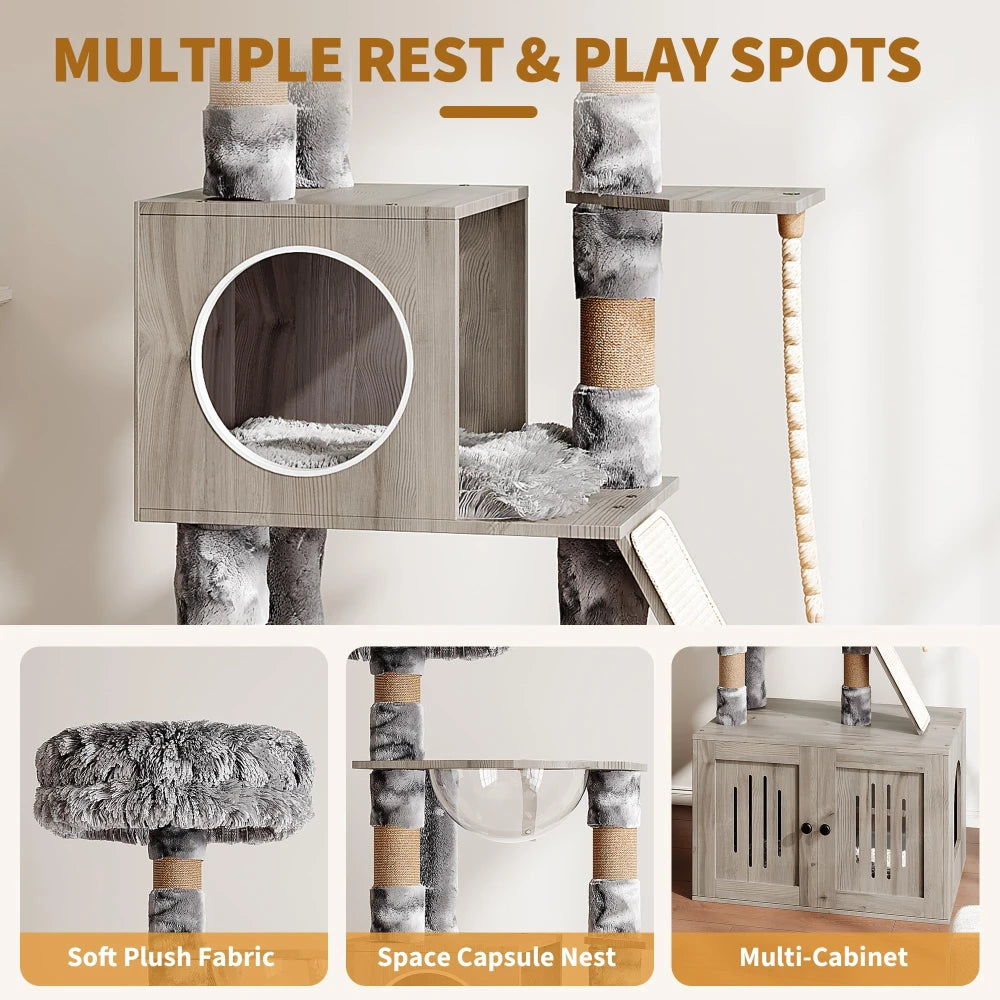 HiMISSCN Cat Tree With Litter Box Enclosure And Storage