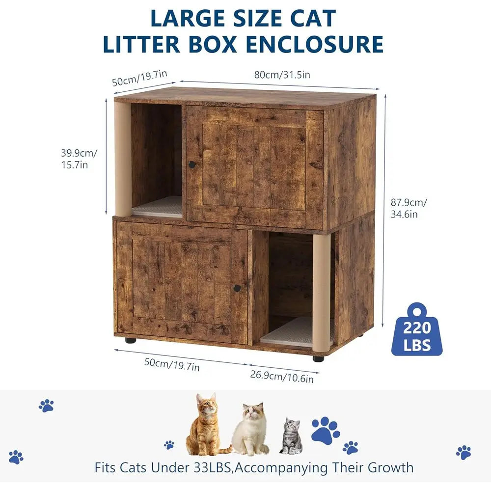 Dual Compartment Litter Box Cabinet with Odor Control for Multiple Cats, Scratch-Resistant, Compact Design