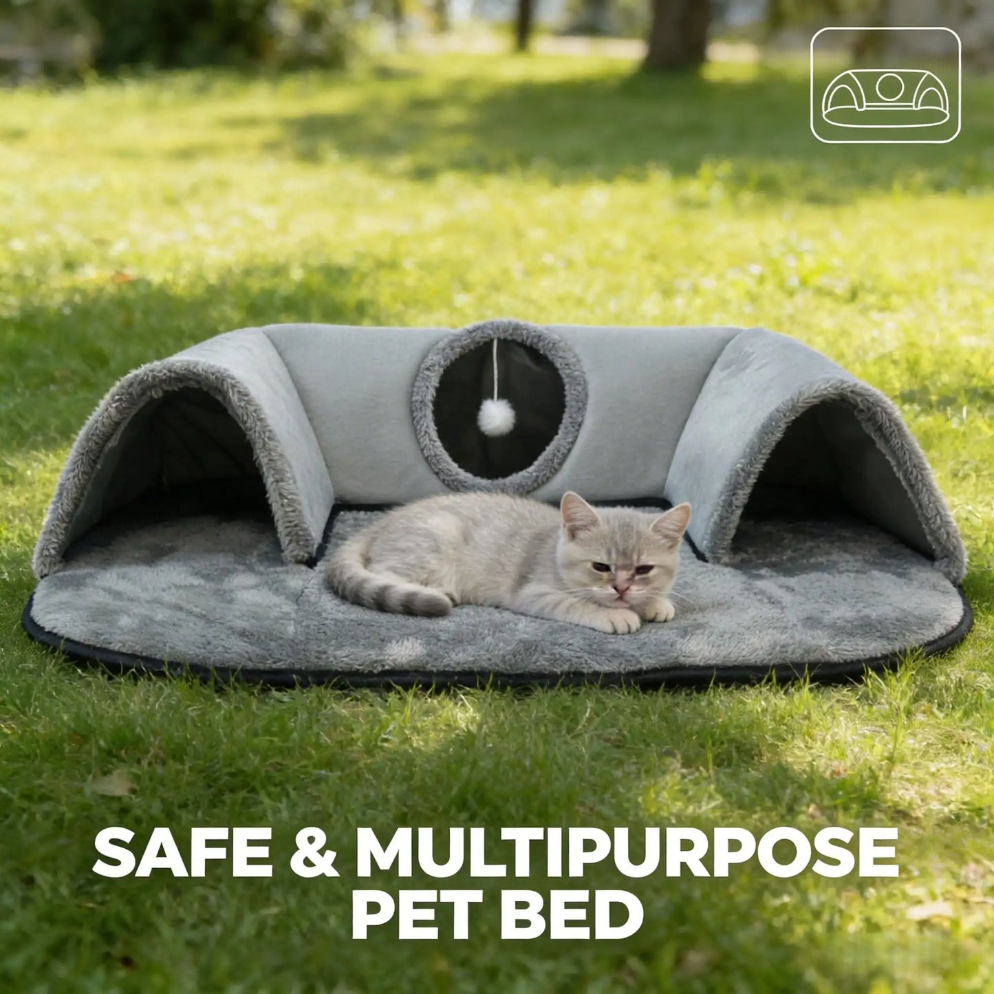 2 In 1 Cat Tunnel Bed With Soft Plush Cushion Multisize Warm Hideaway Cave With Hanging Pom-pom Toy Interactive Play Rest House Washable Pet Sleeping Mat For Kitten Small Indoor Cats