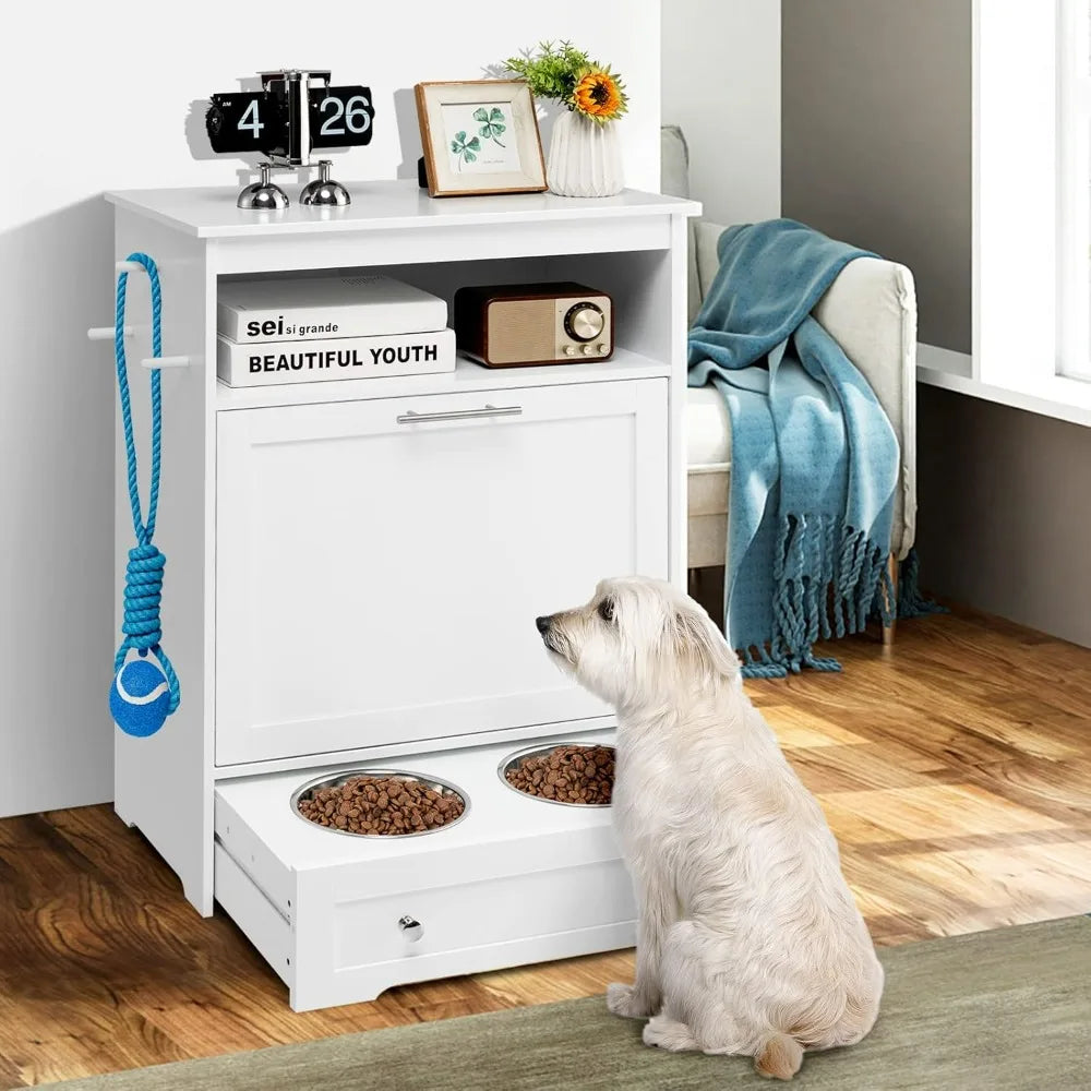Pet Feeder Station With Double Pull-Out Bowls Dog Food Storage Cabinet