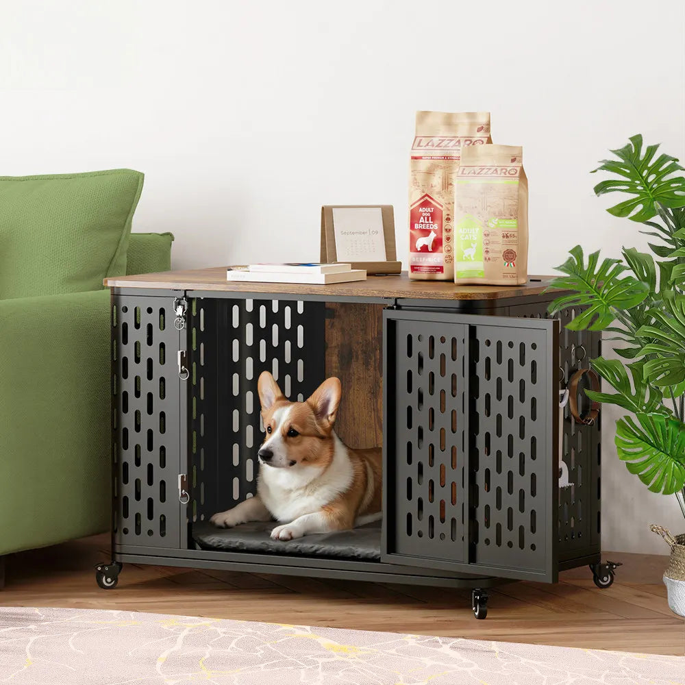 ONBRILL Wood Dog Kennel Crate With Cushion And Wheels