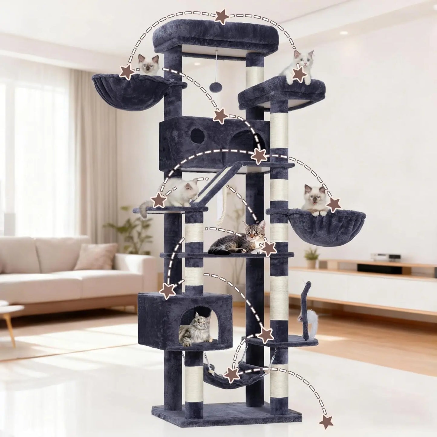 Tall Cat Tree for Large Cats with Perches and Hammock
