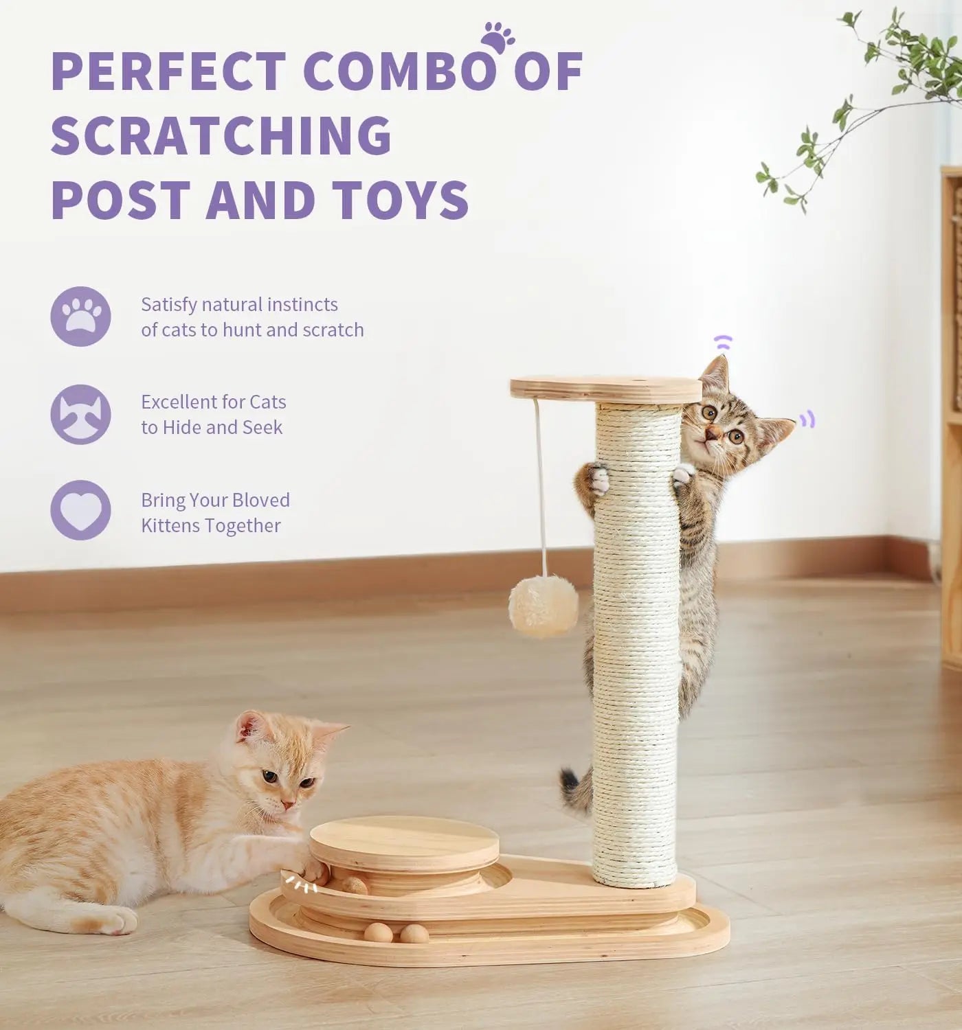 Cat Scratching Post With Wooden Ball Track For Indoor Cats