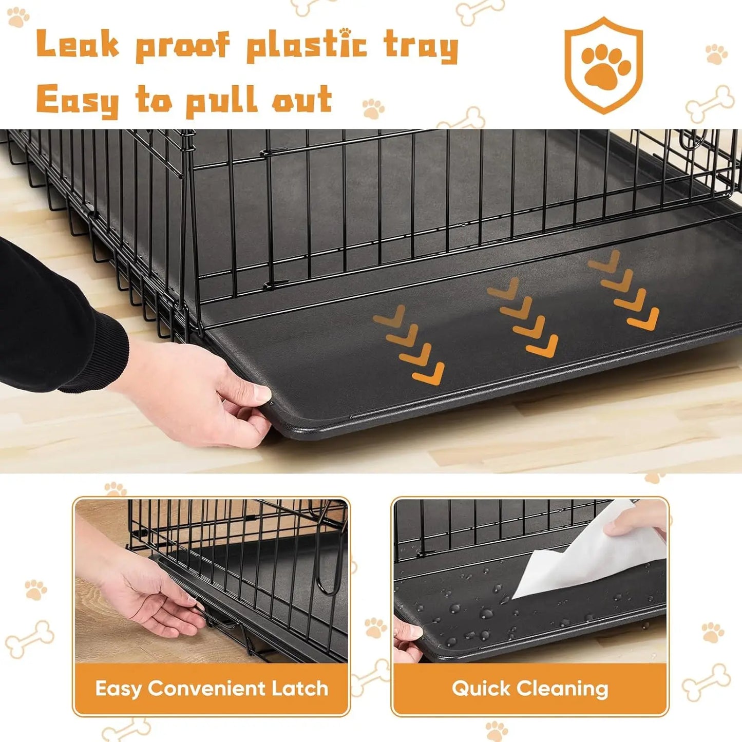 Double Door Dog Cage With Leak Proof Tray Folding Kennel