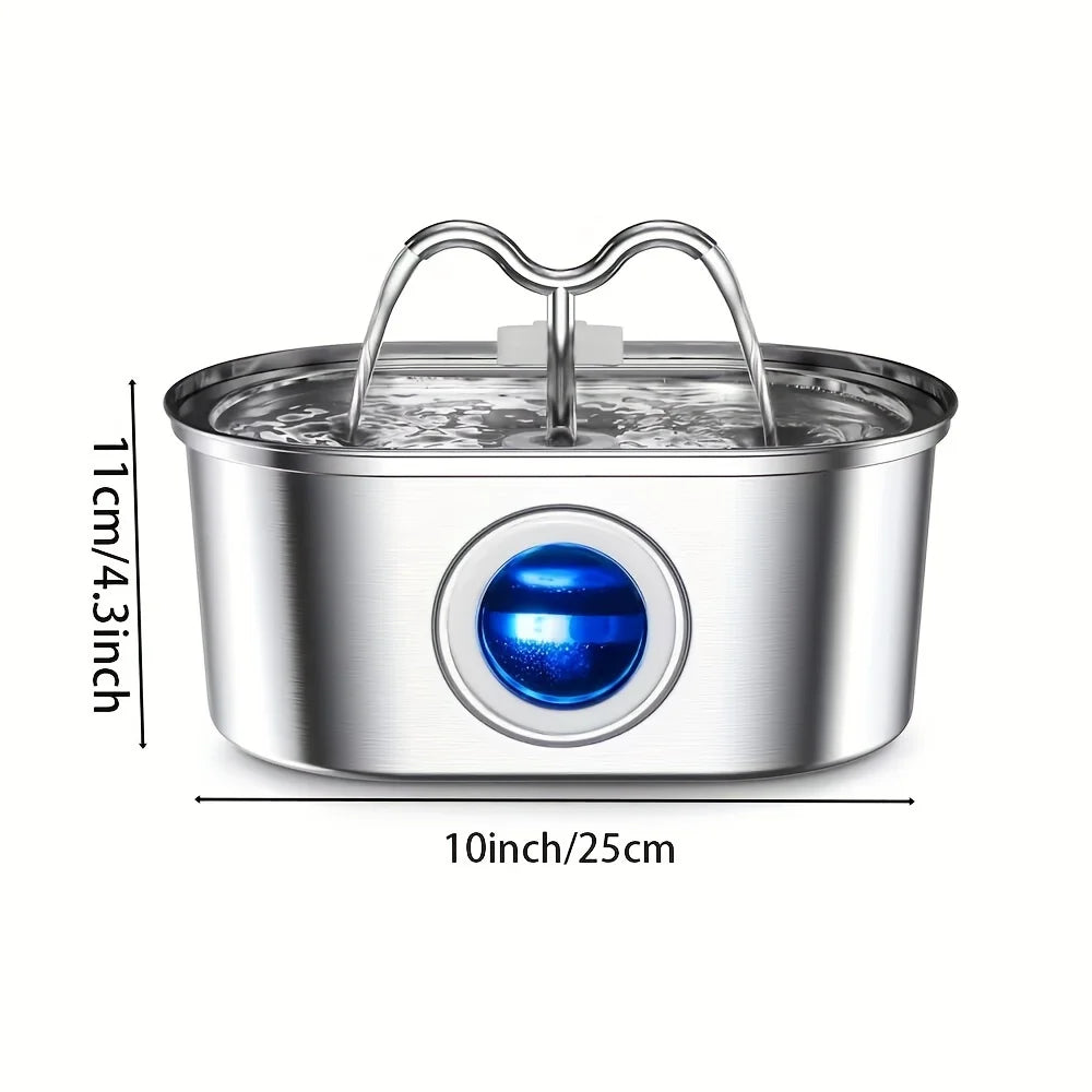 3.2L Stainless Steel Cat Water Fountain with Water Level Window, continuously circulates flowing water, perfect for pets.