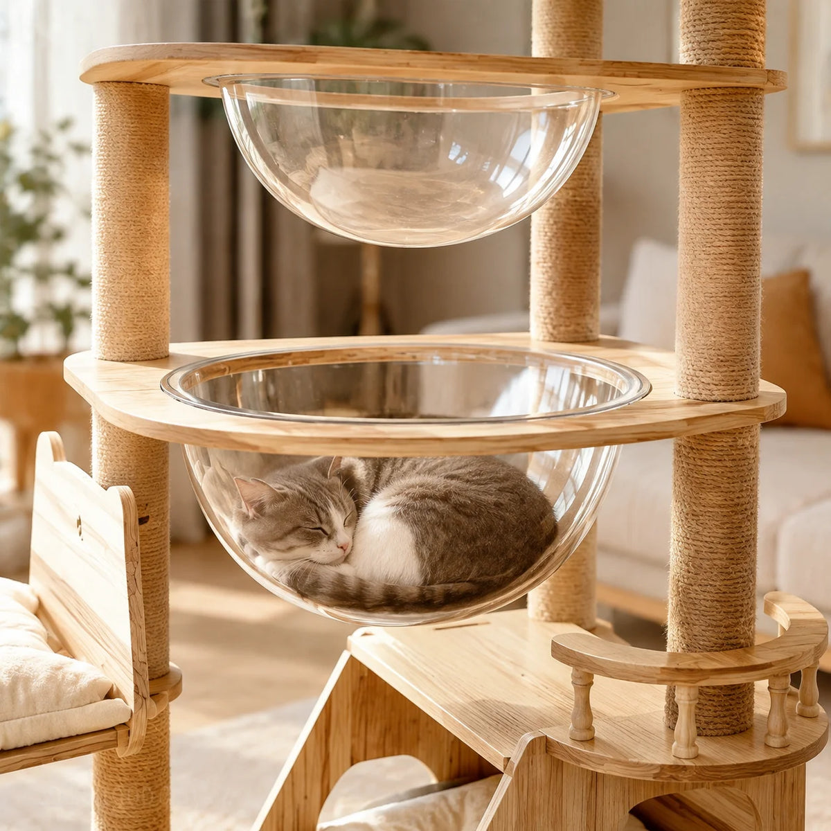 Multi-Level Cat Tree with Acrylic Pods & Sisal Posts – 74.8in Tall Cat Climbing Tower for Indoor Cats, Features Cozy Hideaway Condo, Padded Lounging Deck & Premium Top Perch