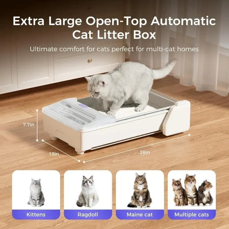 Open-Top Self Cleaning Litter Box, 2026 Upgraded Extra Large Automatic Cat Litter Box for Multiple Cats, Safety Sensors/App