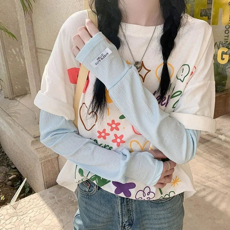 Summer Loose Ice Silk Long Sleeve Sun Protection Fingerless Gloves Elegant Breathable Sunscreen Mittens Women Clothes Accessory