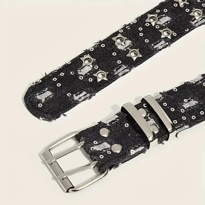 2026New Fashion Luxury Belt Black Punk Accessories Blue Denim Girdle HipHop Y2k Star Hollowed Pin Buckle Waistband，For Men Women