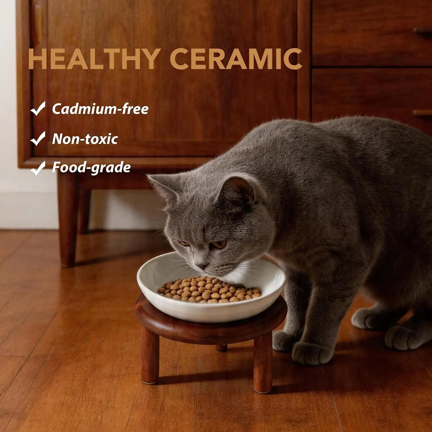 Elevated Cat Bowls Raised Ceramic Cat Bowl, 5.7” Wide Opening Cat Food Bowl Friendly Cat Dish Anti-Slip with Wood Stand, Shallow