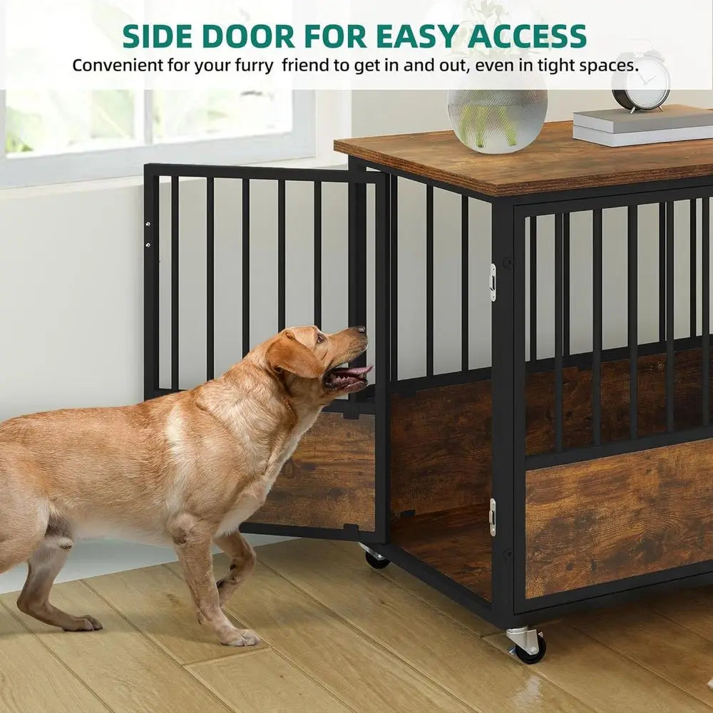 Rustic Heavy Duty Dog Crate With Wheels For Indoor Use