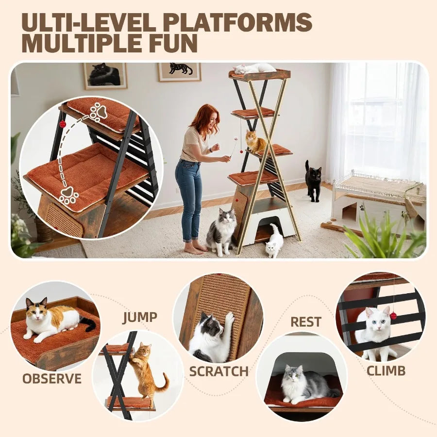 Modern Cat Tree With Sisal Scratching Board And Cozy Caves