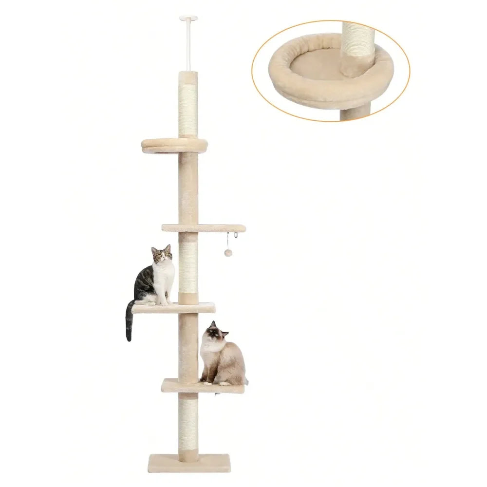 95107 Cat Tower 5Tier Floor To Ceiling Cat Tree Height Adjustable, Tall Climbing Tree Featuring With ching Post, Cozy Bed,
