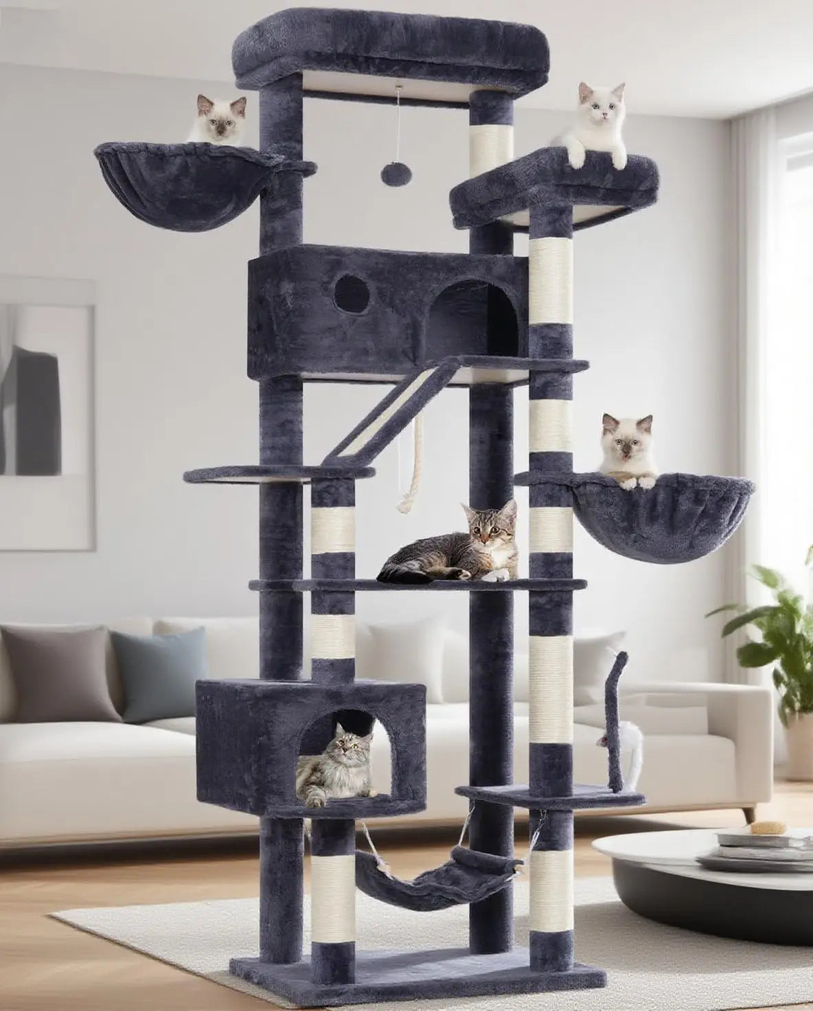 Tall Cat Tree for Large Cats with Perches and Hammock