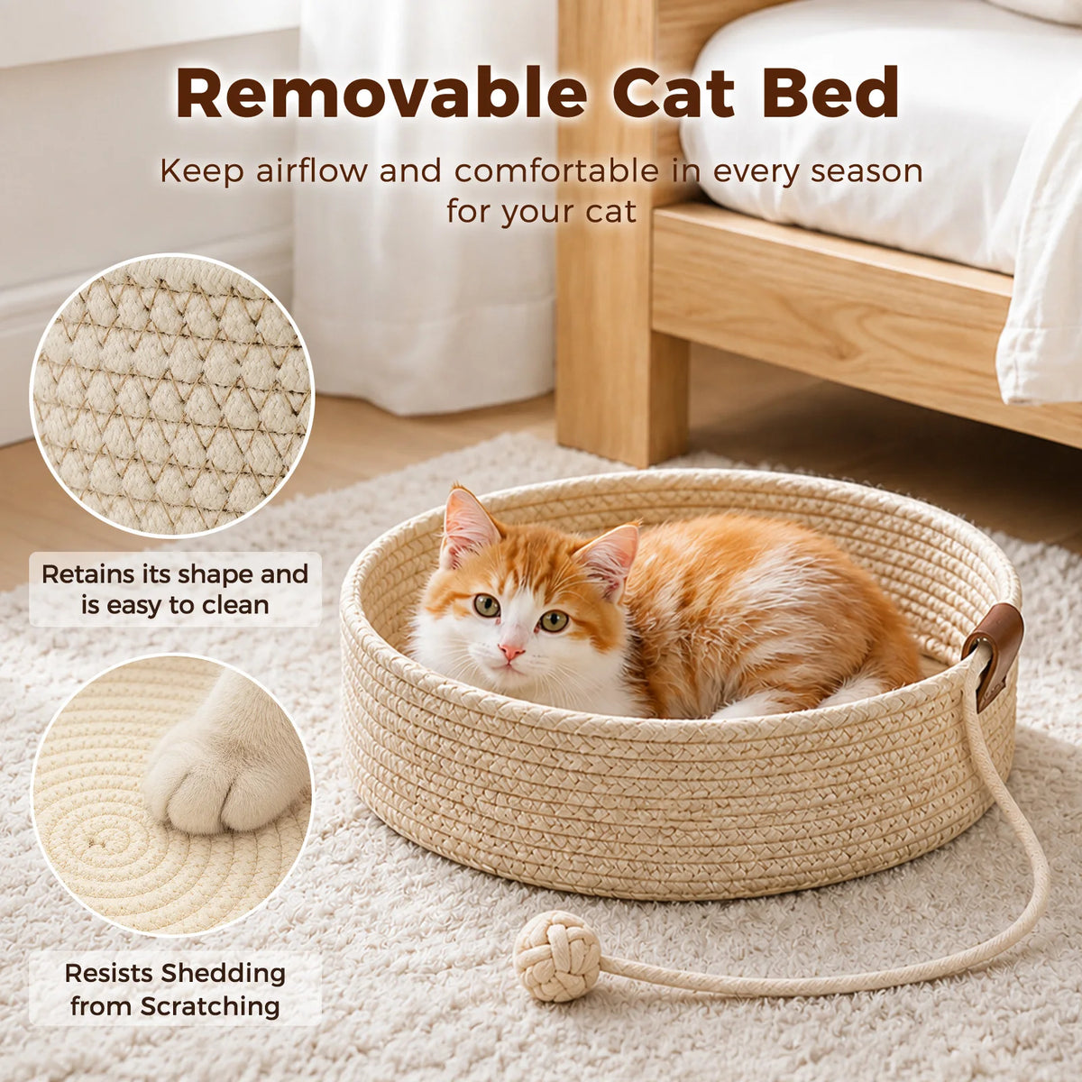 Modern Cat Tree for Indoor Cats Wood Cat Tower with Removable Bed Sisal Scratching Posts and Solid Wood Posts 2 Large Platforms Cat Bed Cat Toys