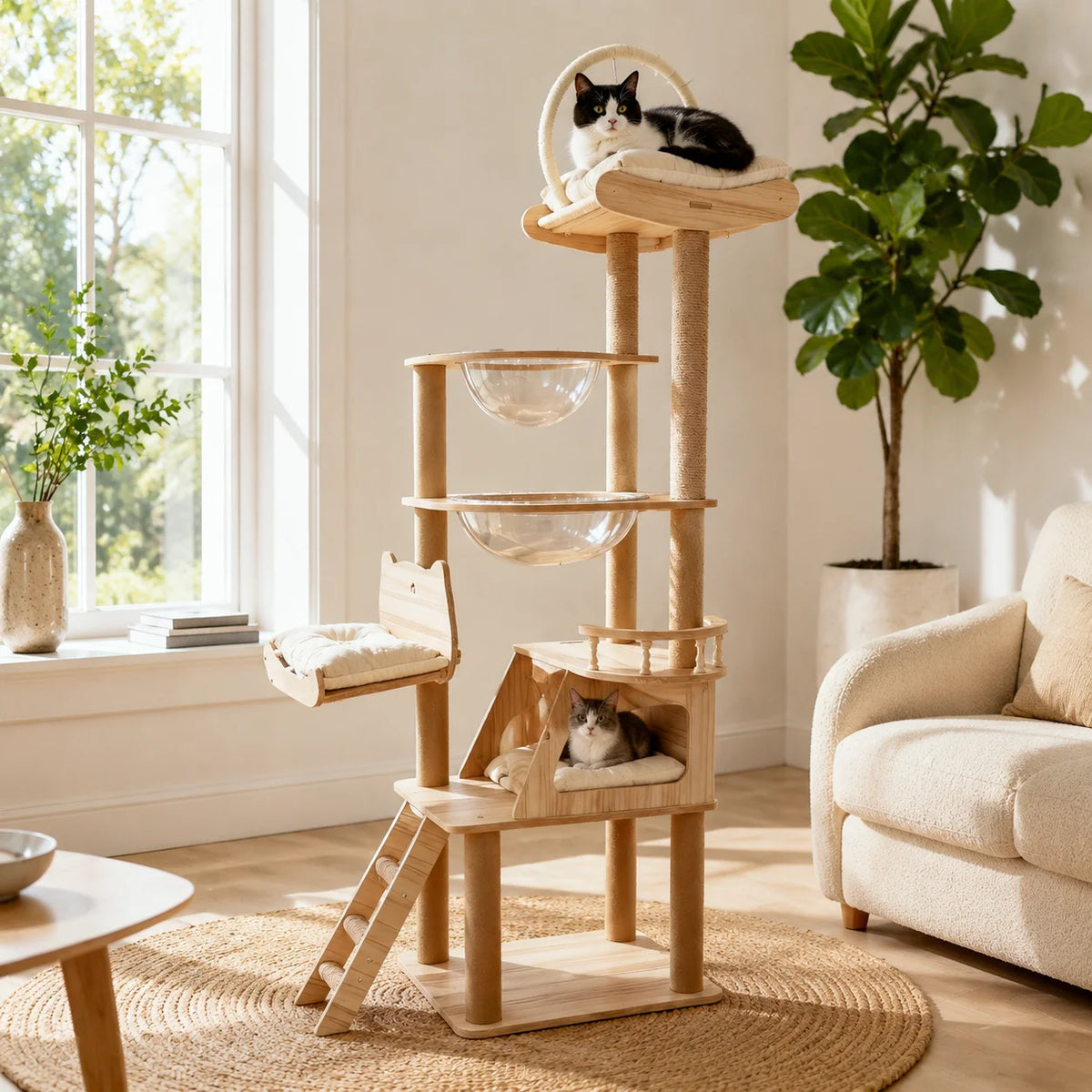 Multi-Level Cat Tree with Acrylic Pods & Sisal Posts – 74.8in Tall Cat Climbing Tower for Indoor Cats, Features Cozy Hideaway Condo, Padded Lounging Deck & Premium Top Perch