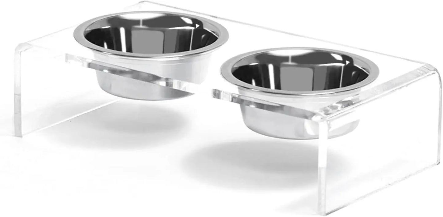 Acrylic Elevated Dog Cat Bowls Pet Feeder Double Bowl Raised Stand Comes with 2 Removable Glass Bowls and 2 Stainless Steel Bowls.Perfect for Large Dogs, 7.2" Tall