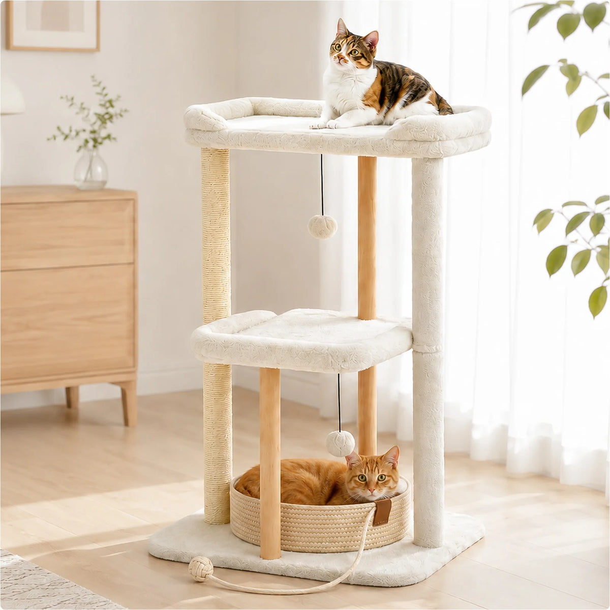 Modern Cat Tree for Indoor Cats Wood Cat Tower with Removable Bed Sisal Scratching Posts and Solid Wood Posts 2 Large Platforms Cat Bed Cat Toys