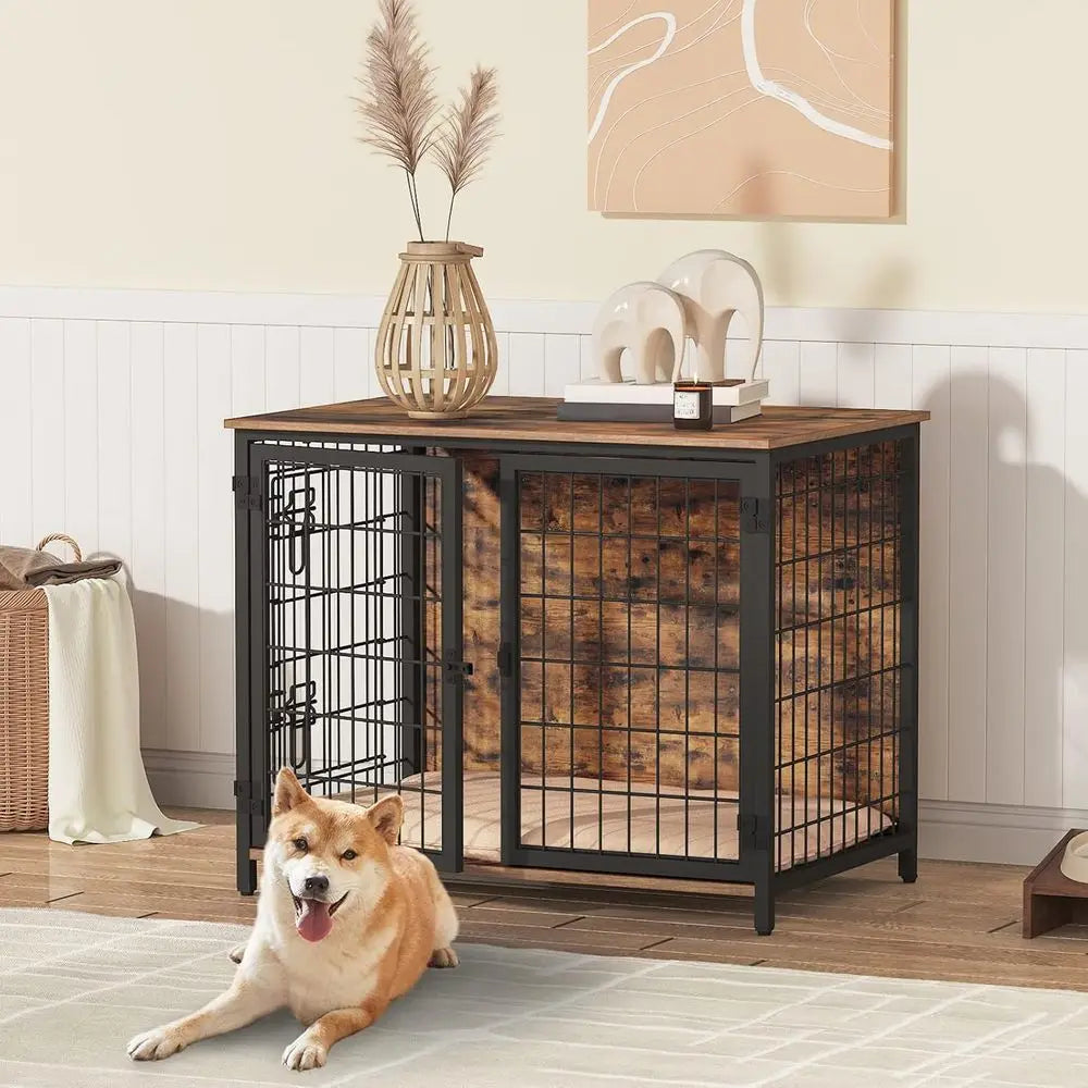 Wooden Dog Crate Kennel With Cushion Heavy-Duty Indoor Cage