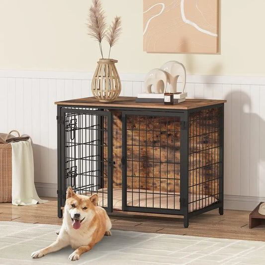Wooden Dog Crate Kennel With Cushion Heavy-Duty Indoor Cage