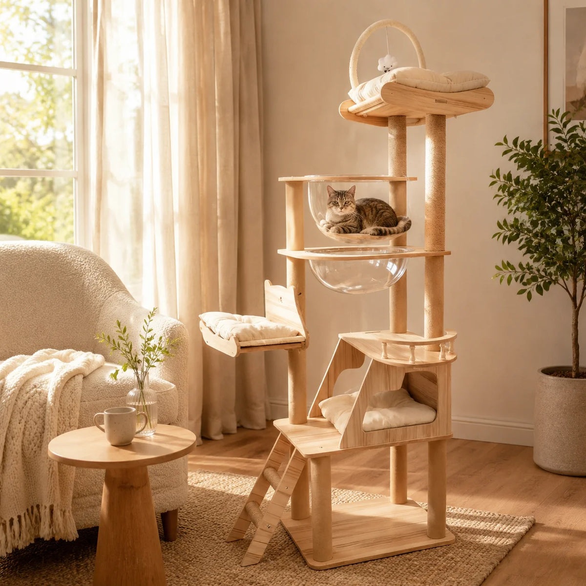 Multi-Level Cat Tree with Acrylic Pods & Sisal Posts – 74.8in Tall Cat Climbing Tower for Indoor Cats, Features Cozy Hideaway Condo, Padded Lounging Deck & Premium Top Perch
