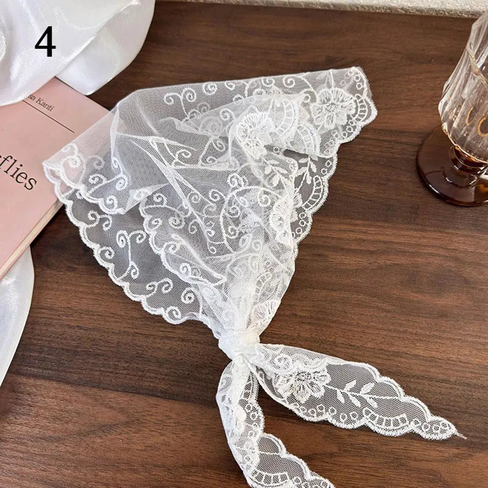New Hollow Lace Scarf Retro Triangle Headscarf Embroidered Lace Neck Scarf White Lace Up Travel Photo Headband for Women girls