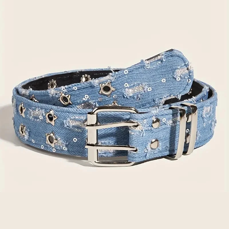 2026New Fashion Luxury Belt Black Punk Accessories Blue Denim Girdle HipHop Y2k Star Hollowed Pin Buckle Waistband，For Men Women