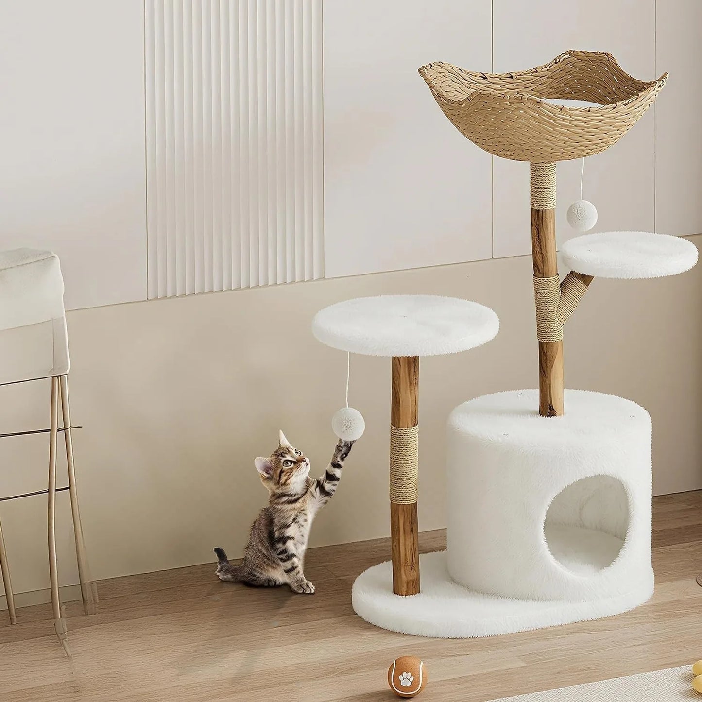 43 Inch Wooden Cat Tree Tower with Rattan, Large Cat Climbing Furniture, Multi-Level Activity Center with Perches, Sturdy Indoor Pet Furniture for Cats, Floor Mount