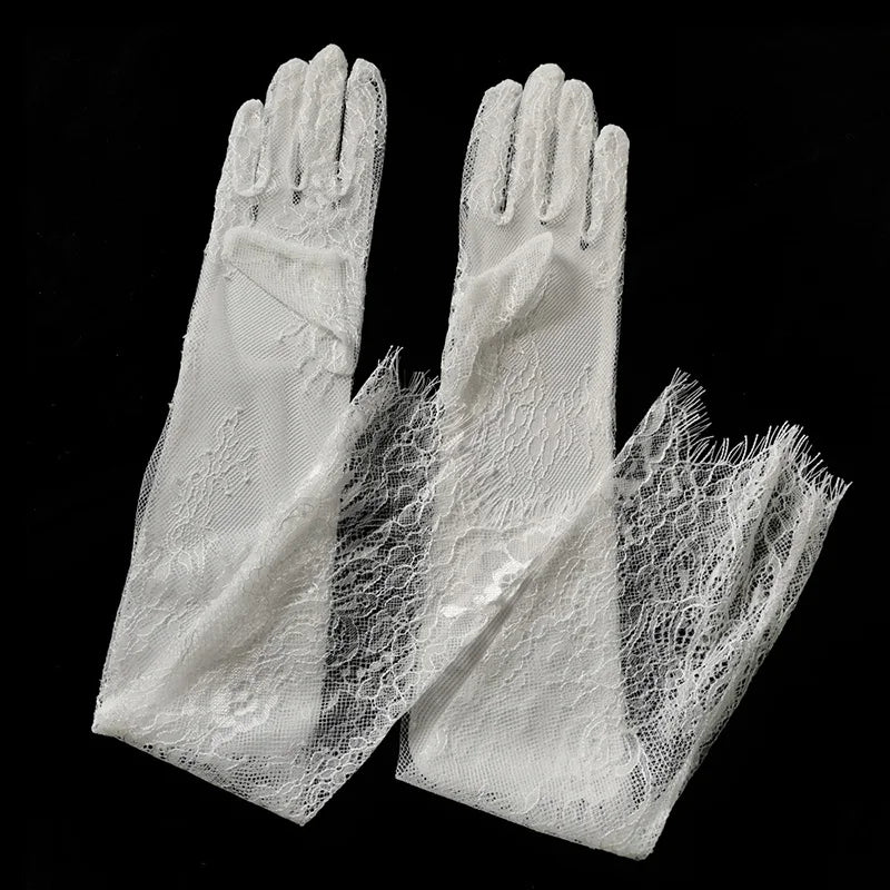 Women Sexy Thin Lace Flower White Black Long Gloves Transparent Mesh Eyelash Tulle Bridal Wedding Party Dress Accessories