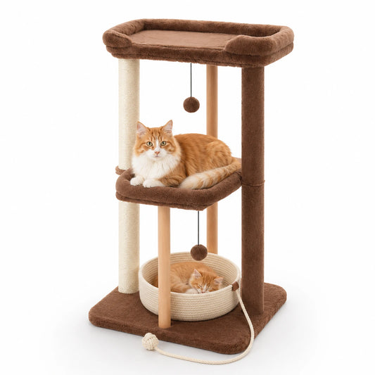 Modern Cat Tree for Indoor Cats Wood Cat Tower with Removable Bed Sisal Scratching Posts and Solid Wood Posts 2 Large Platforms Cat Bed Cat Toys