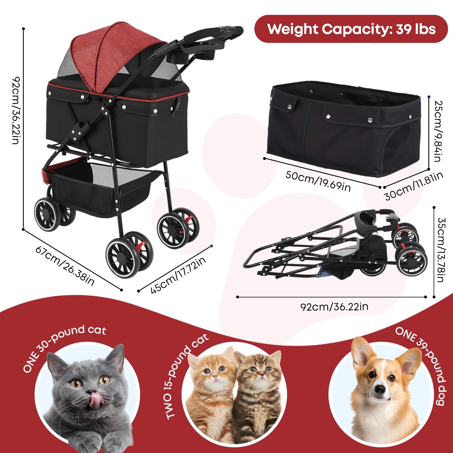 Chihuahua Pet Stroller for Cats and Dogs Foldable Three Wheel