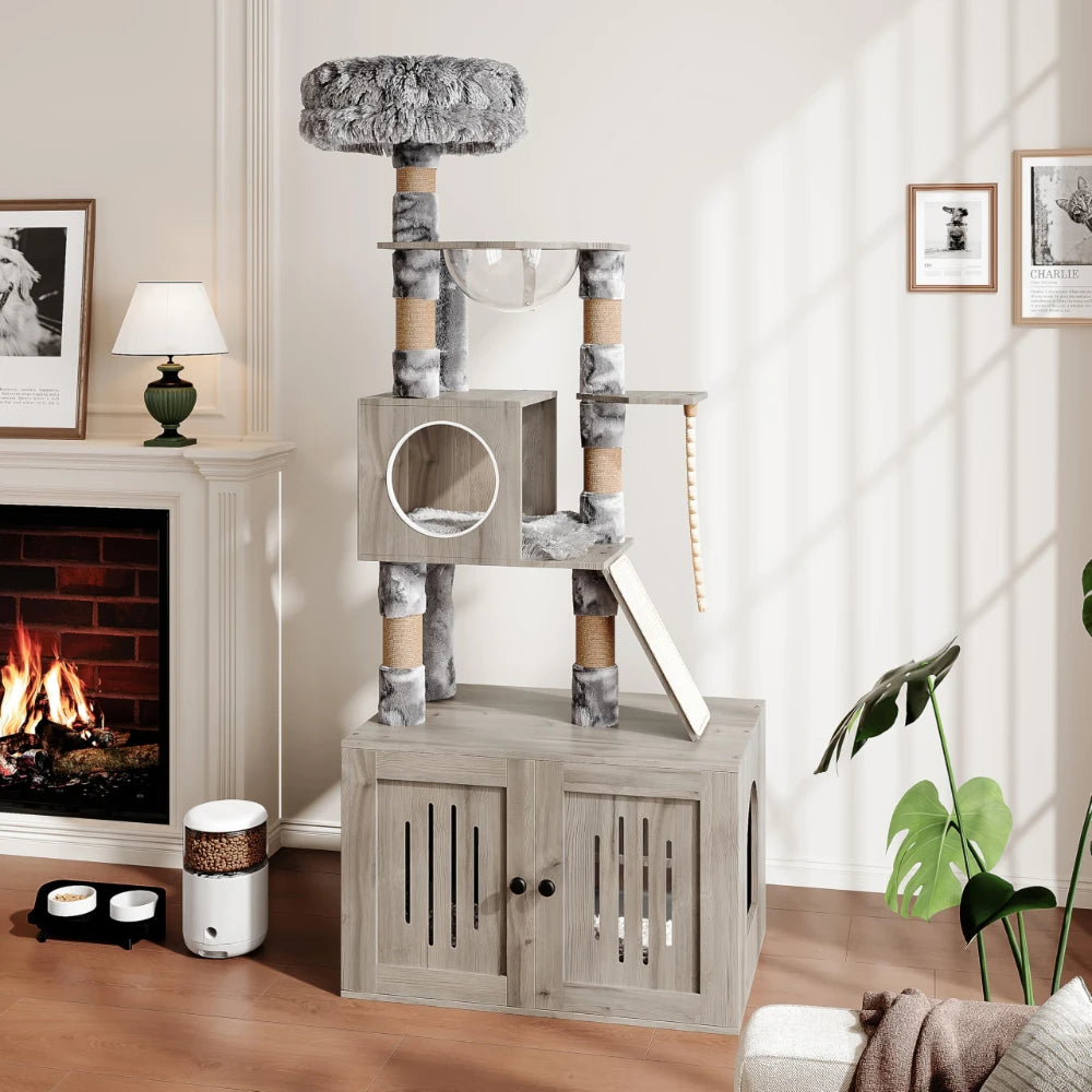 HiMISSCN Cat Tree With Litter Box Enclosure And Storage