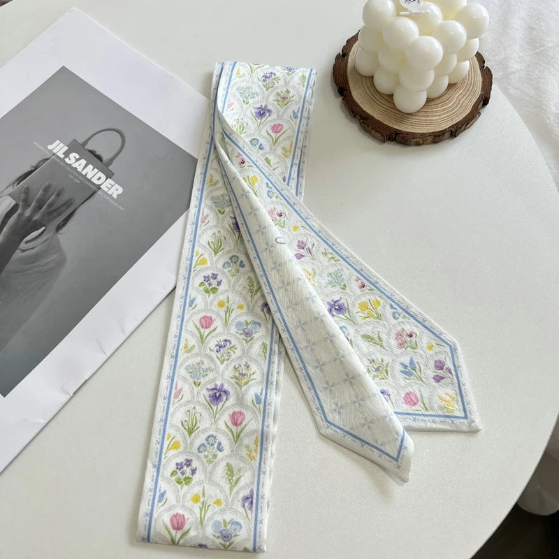 Fashion Floret Printed Hairband Silk Satin Bag Scarf For Women Skinny Long Wrist Ribbon Neck Scarves Hair Scarfs For Women