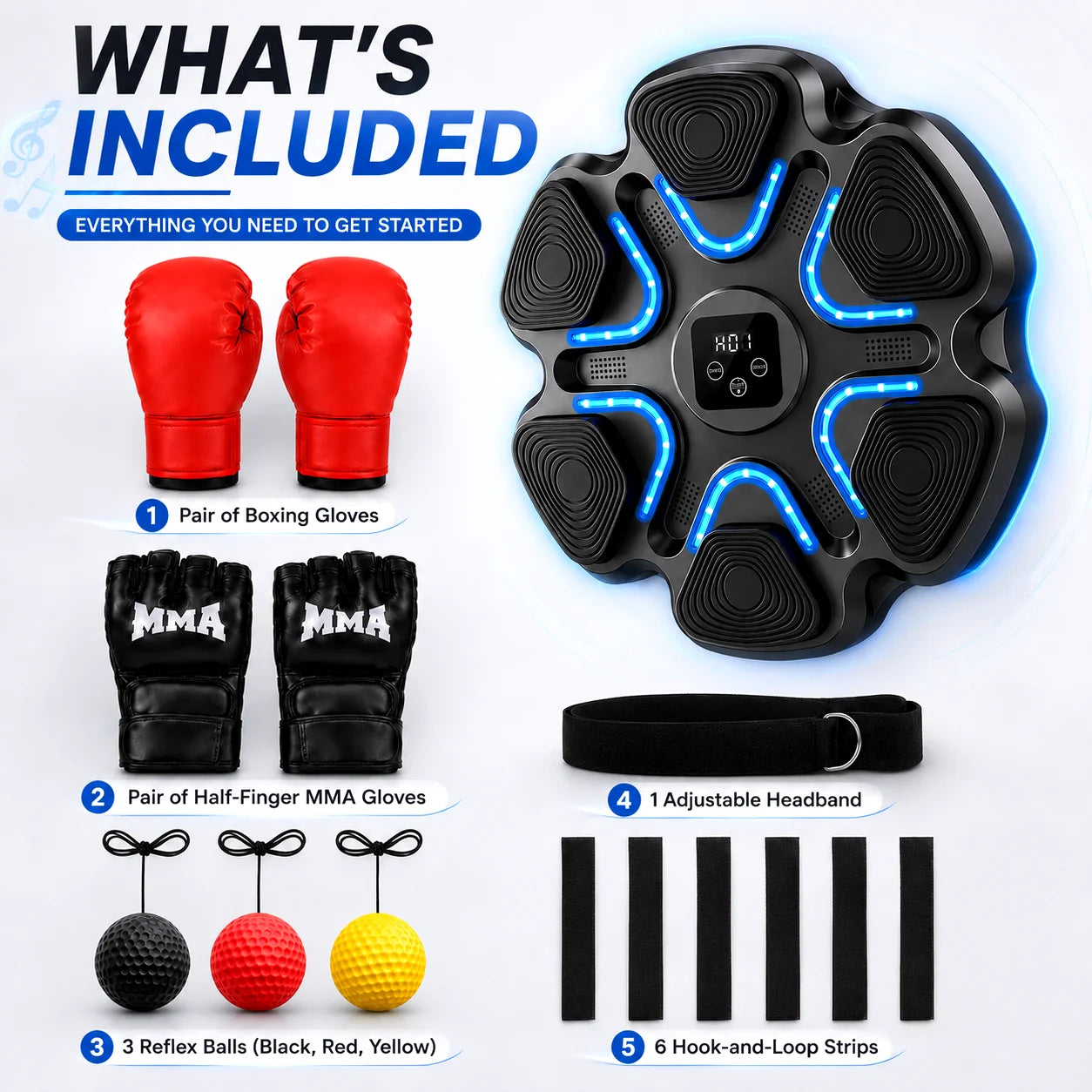 Music Punching Workout Machine 6 LED Light Targets Real-time Counting Function 5 Volume Levels Adjustable Training Intensity Rechargeable Boxing Reaction Trainer for Home Gym