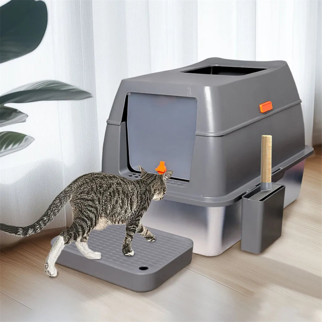 Large Enclosed Cat Litter Box With Lid And Scoop Stainless Steel