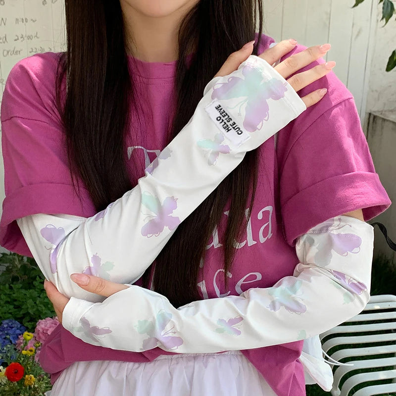Summer Loose Ice Silk Long Sleeve Sun Protection Fingerless Gloves Elegant Breathable Sunscreen Mittens Women Clothes Accessory