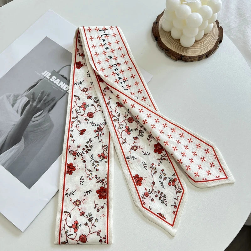 Fashion Floret Printed Hairband Silk Satin Bag Scarf For Women Skinny Long Wrist Ribbon Neck Scarves Hair Scarfs For Women