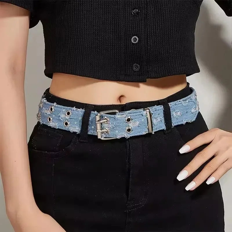 2026New Fashion Luxury Belt Black Punk Accessories Blue Denim Girdle HipHop Y2k Star Hollowed Pin Buckle Waistband，For Men Women