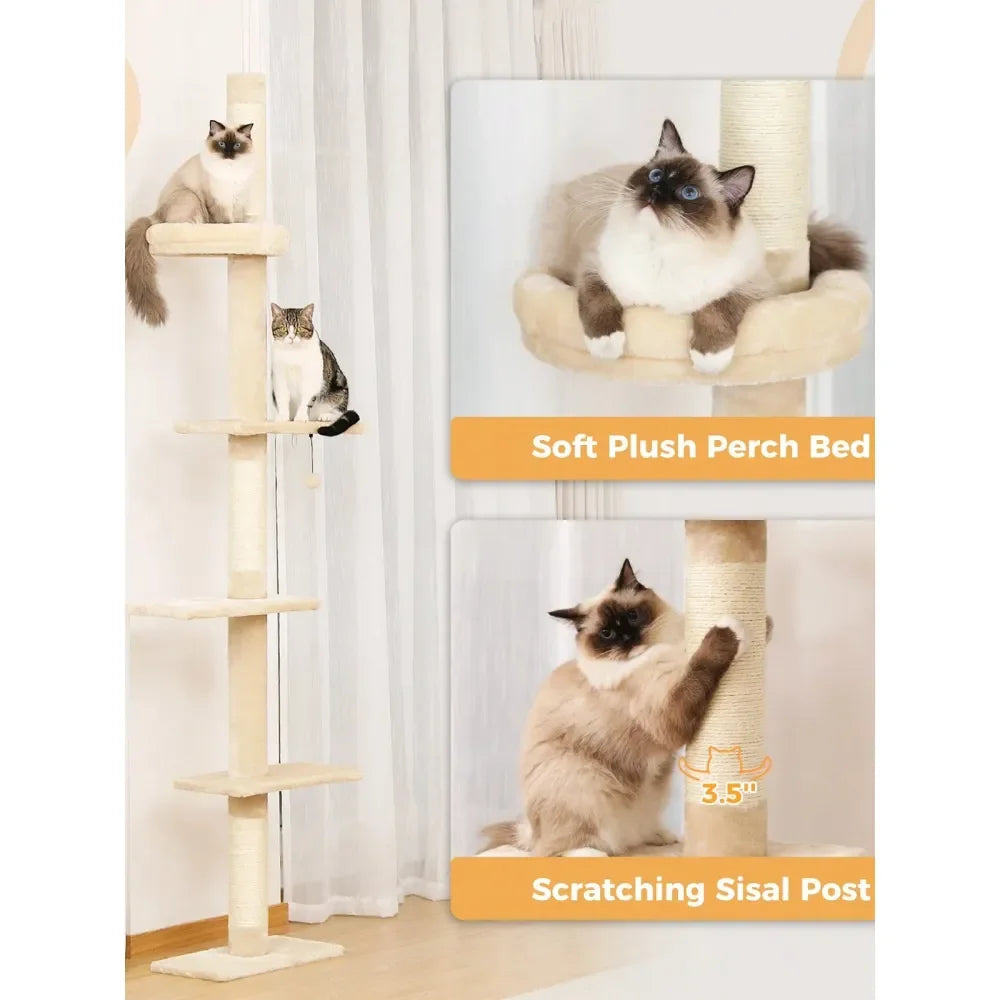 95107 Cat Tower 5Tier Floor To Ceiling Cat Tree Height Adjustable, Tall Climbing Tree Featuring With ching Post, Cozy Bed,