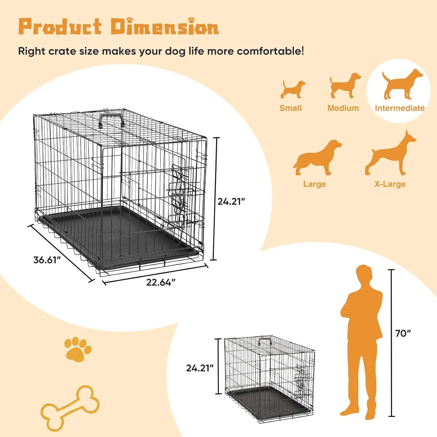 Double Door Dog Cage With Leak Proof Tray Folding Kennel