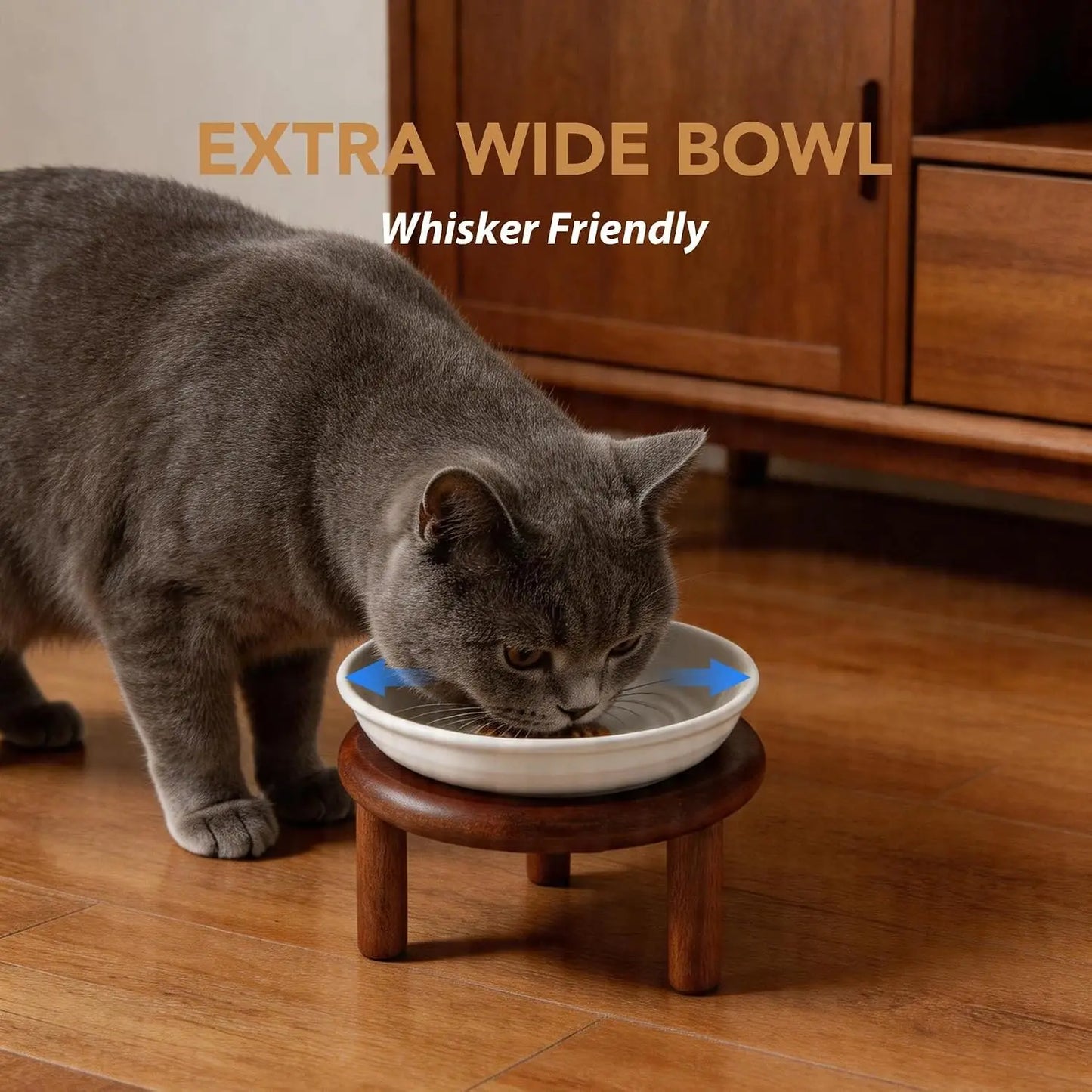 Elevated Cat Bowls Raised Ceramic Cat Bowl, 5.7” Wide Opening Cat Food Bowl Friendly Cat Dish Anti-Slip with Wood Stand, Shallow