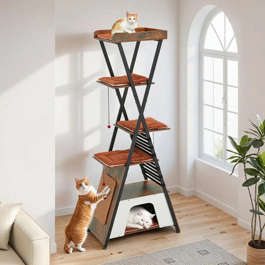 Modern Cat Tree With Sisal Scratching Board And Cozy Caves