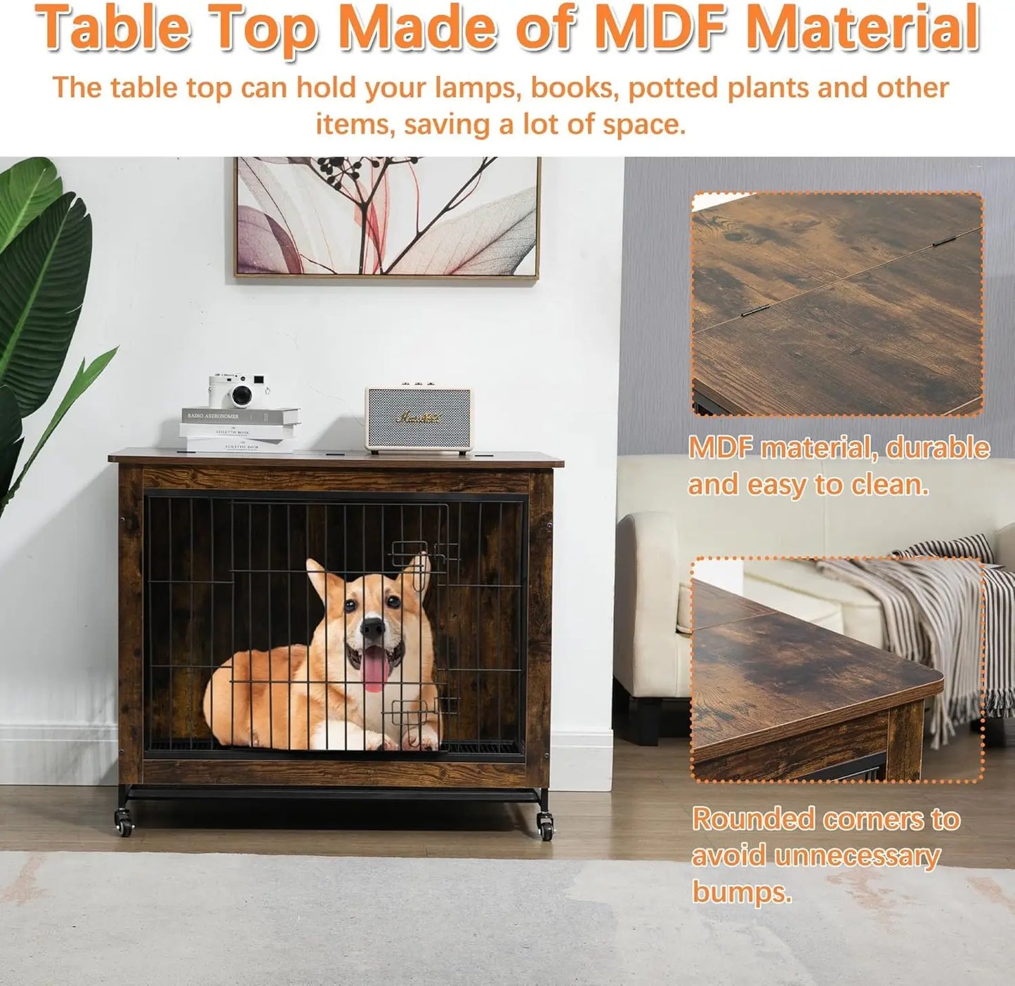 HiMISS Rustic Wood And Metal Dog Crate Furniture With Wheels