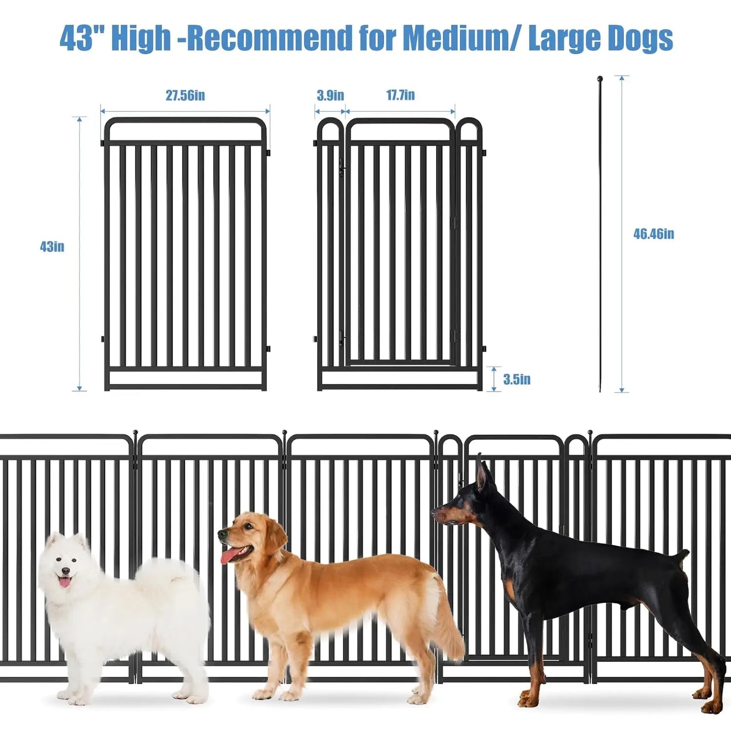 43in Foldable Metal Dog Playpen Fence with Door for Large Medium Small Dogs Outdoor Yard 16 Panels Custom