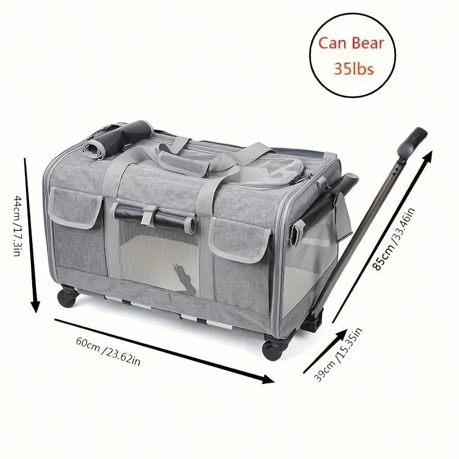 Airline Compliant Rolling Cat Dog Carrier Detachable Wheels Adjustable Telescopic Handle Travel Bag