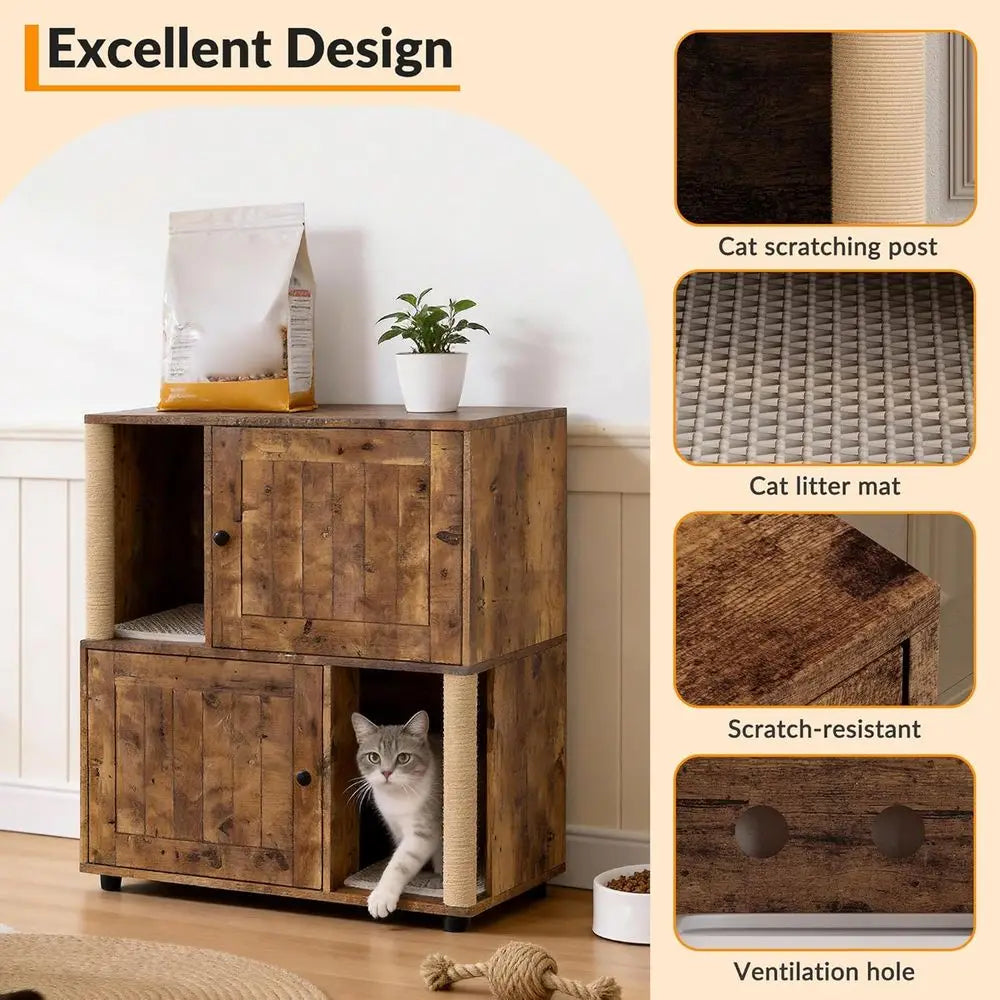 Dual Compartment Litter Box Cabinet with Odor Control for Multiple Cats, Scratch-Resistant, Compact Design