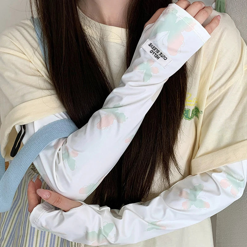 Summer Loose Ice Silk Long Sleeve Sun Protection Fingerless Gloves Elegant Breathable Sunscreen Mittens Women Clothes Accessory