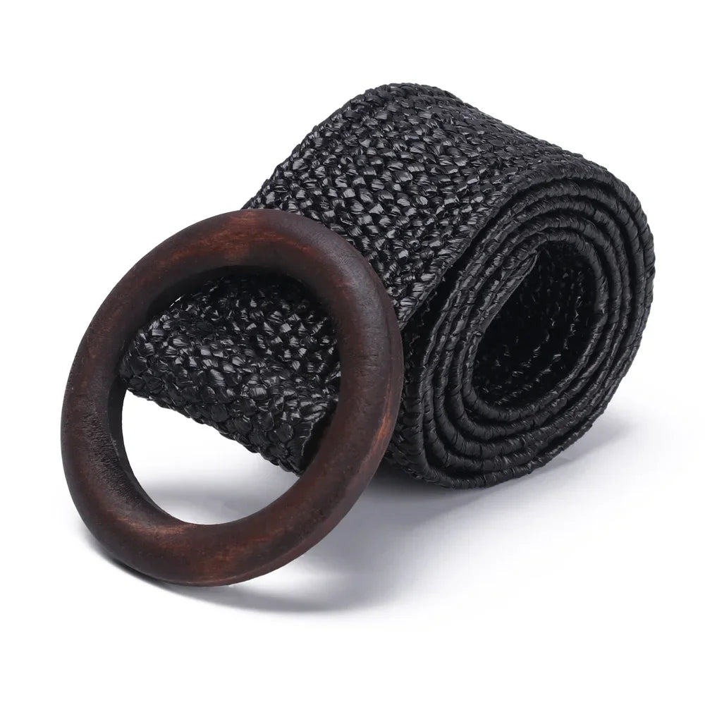 1PC Women Fashion Casual Straw Belt Round Wooden Buckle Elastic Waist Chain Belly Necklace Body Jewelry Dress Shirt Accessories