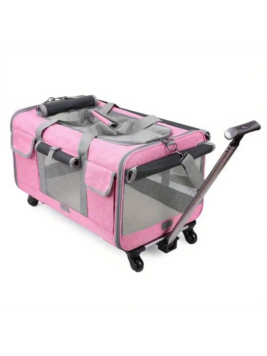Airline Compliant Rolling Cat Dog Carrier Detachable Wheels Adjustable Telescopic Handle Travel Bag