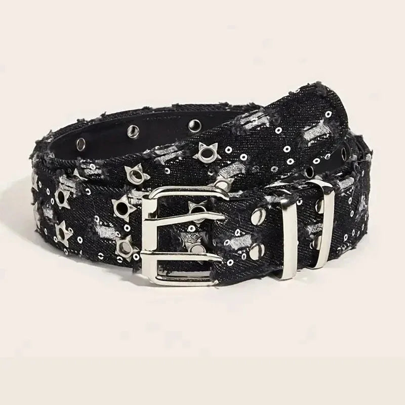 2026New Fashion Luxury Belt Black Punk Accessories Blue Denim Girdle HipHop Y2k Star Hollowed Pin Buckle Waistband，For Men Women